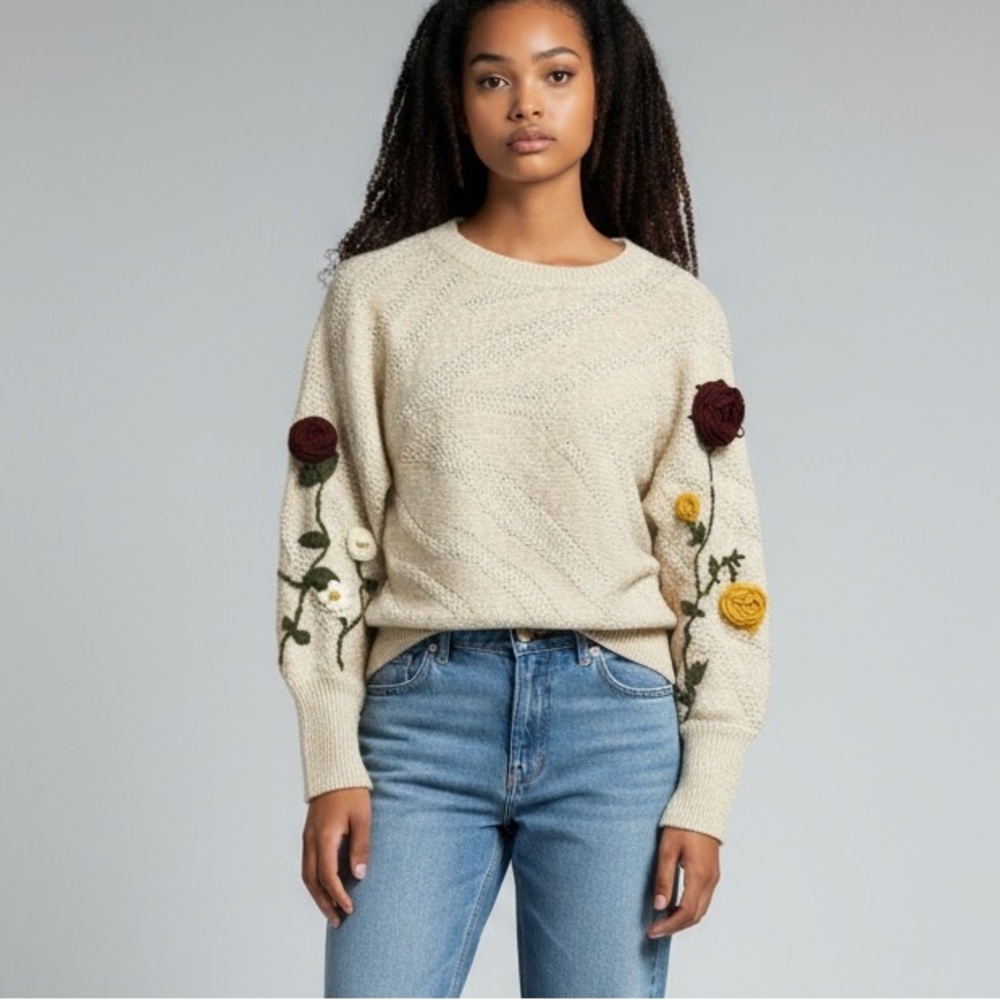 A New Day Floral Crew Neck Knit Textured Sweater Oatmeal Size XS - Picture 12 of 13